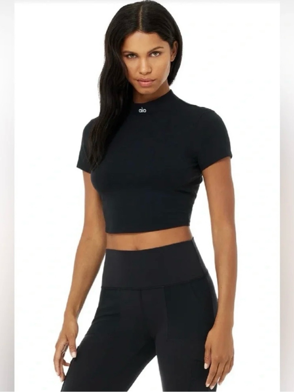 ALO Yoga Black Short-Sleeve Mock Neck Crop Top - NWOT